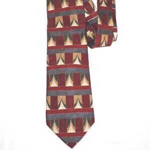 Lands End Silk Neck Tie Necktie Multi Color Geometric Burgundy Blue Green Gold